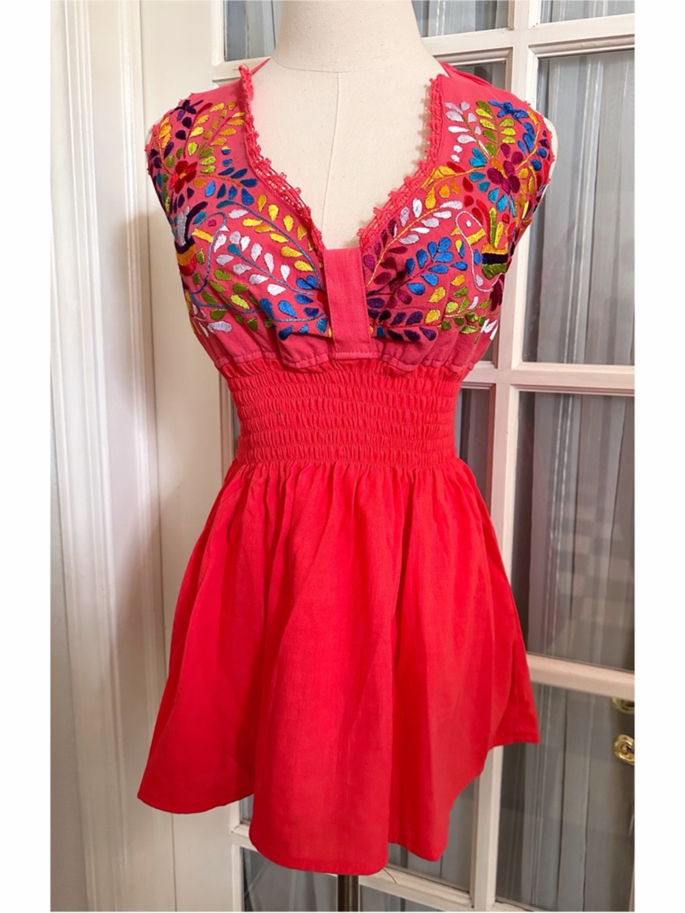 MEXICANA Coral Blouse with Colorful Embroidery